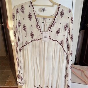 Free People Ivory and Maroon Patterned Blouse